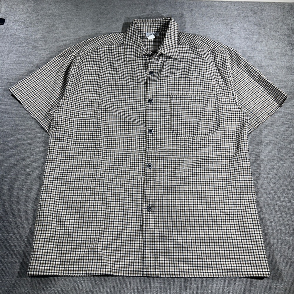 CalTop Button Up Shirt Mens XL Tan Black Plaid Short Sleeve Made in USA Check